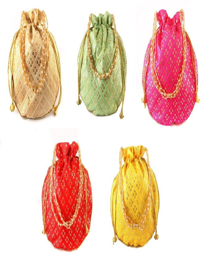 BINORI Traditional Sequins Potli Combo Drawstring Bags with Pearl Handle, Floral Embroidered Design (Pack of 5) - Image 1